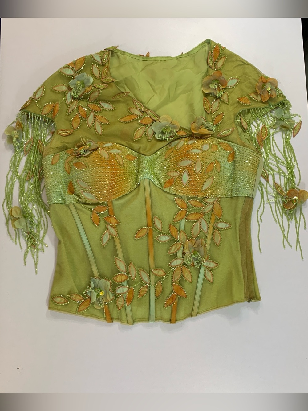 Vintage Bizar Corset Top Small Green Beaded Embroidered Leaf Appliqué Y2K Fairy